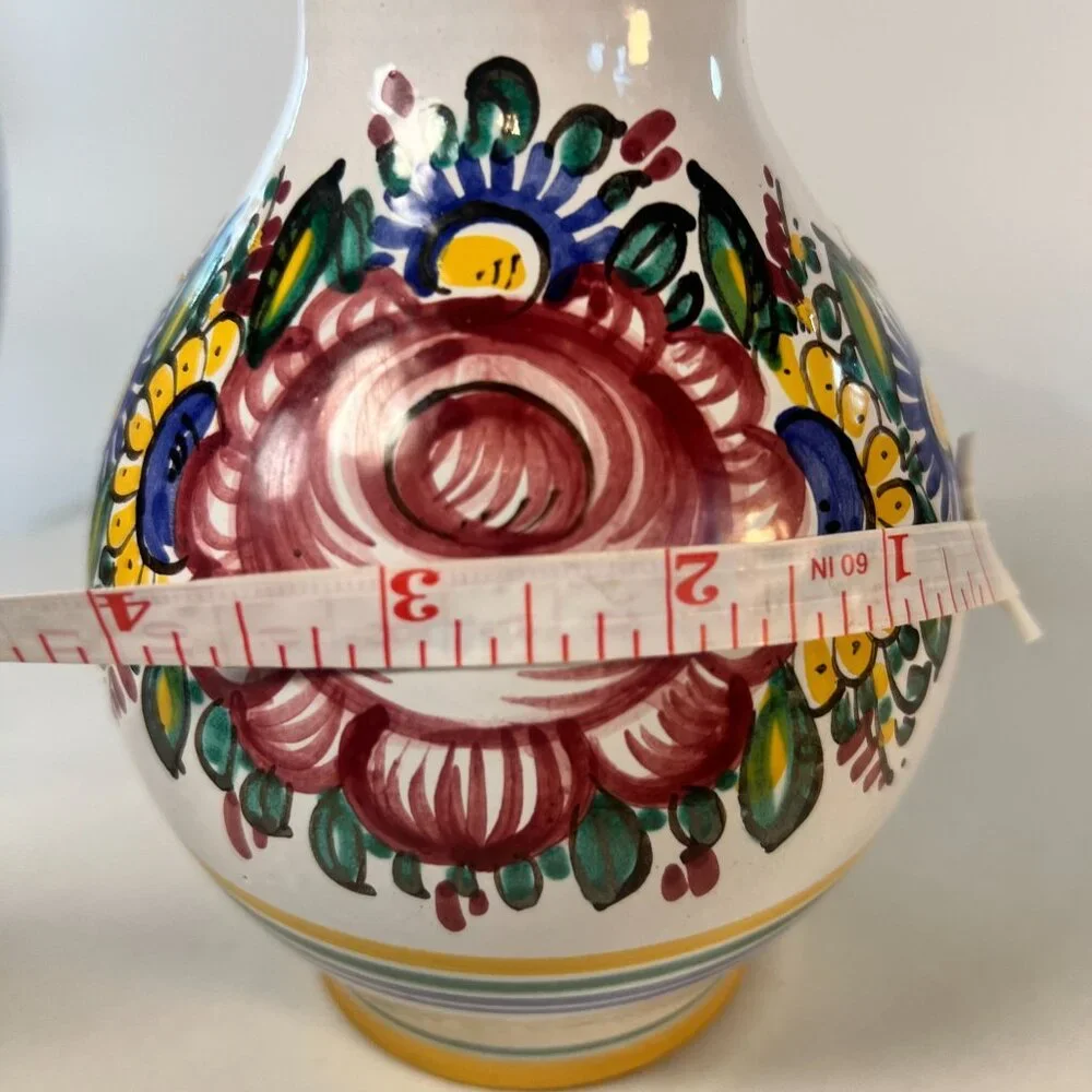 Artisan Signed Hand Painted Vase Roses Sunflower Spring Red Yellow Blue ‎ 7
